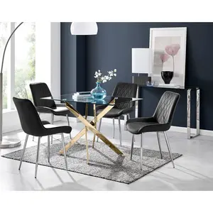 Lenworth Glass Rectangular Dining Table Set with 4 Luxury Velvet Chairs Black/Silver / Gold