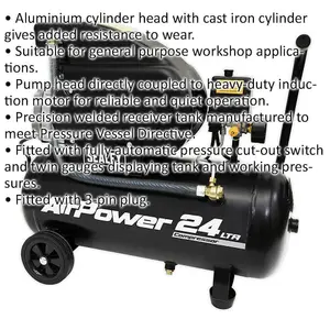 24L Direct Drive Air Compressor - 2hp Heavy Duty Induction Motor - Twin Gauge