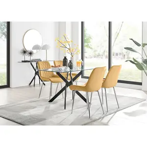 Lenworth Glass Rectangular Dining Table Set with 4 Luxury Velvet Chairs Mustard/Silver / Black