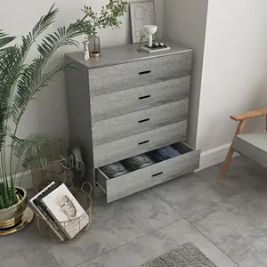 URBNLIVING Height 90.5cm 5 Drawer Wooden Bedroom Chest Cabinet Modern Grey Carcass and Ash Grey Drawers Wide Storage Cupboard