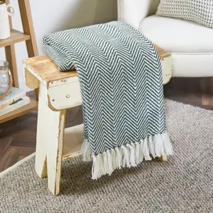 Woven Indoor Outdoor Washable Herringbone Cuddly Throw Dark Green - 130cm x 180cm