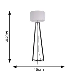 ValueLights Lottie Black Wood Tripod Floor Lamp with Grey Drum Shade - LED Bulb Included