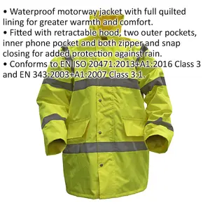 XL Yellow Hi-Vis Motorway Jacket with Quilted Lining - Retractable Hood