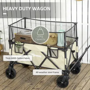 Outsunny 180L Folding Garden Trolley Wagon Cart w/ Extendable Side Walls, Khaki