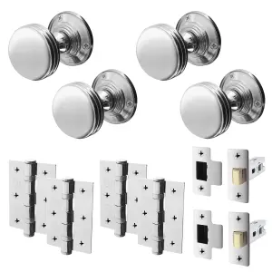 AFIT Lined Door Knob Set Polished Chrome - 2 Pairs of Mortice Knobs (55mm), Latch (76mm) & Hinges (76mm) for Internal Doors