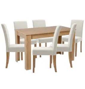 Hallowood Furniture Newquay Oak Fixed Top Table 120cm with 6 Straight Back Beige Fabric Chairs