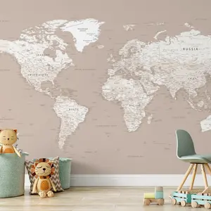 Neutral Beige World Map Wallpaper Mural - Peel & Stick Wallpaper - Size Small (300 x 250 cm)