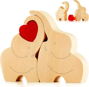 Loving Wooden Elephant Couple Figurine with Red Heart - Heartfelt Ornament Decor Gift with a Message of Love