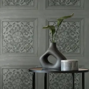 Carved Panel Charcoal Wallpaper