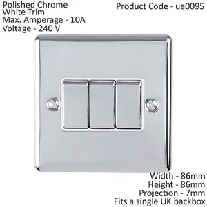 3 Gang Triple Light Switch POLISHED CHROME 2 Way 10A White Trim & Metal Rocker