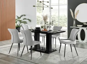 Imperia Black High Gloss 6 Seater Dining Table with Structural 2 Plinth Column Legs 6 Light Grey Velvet Black Leg Nora Chairs