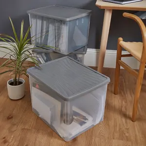 3 x Wham Box 50L Stackable Plastic Storage Archive Box & Lid Clear/Steel