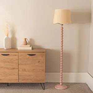 ValueLights Bobbins Painted Rose Floor Lamp with Linen Scallop White Trim Shade