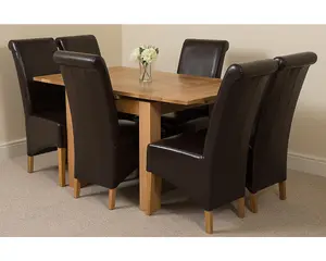 Richmond 90cm - 150cm Square Oak Extending Dining Table and 6 Chairs Dining Set with Montana Brown Leather Chairs