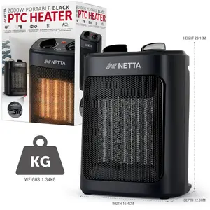 NETTA 2000W Ceramic Fan Heater 3 Heat Settings Overheat Protection - Black