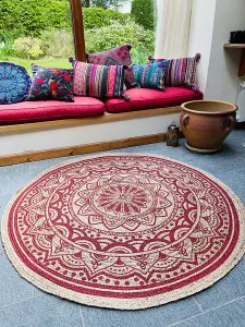 MANDALA Pattern Round Red Rug with Block Print - Jute - L150 x W150