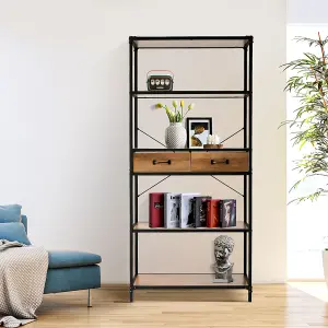 5-Tier Metal Framed Wooden Book Shelf with Drawers