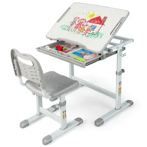 COSTWAY Kids Desk & Chair Set Adjustable Study Table with Tilting Tabletop