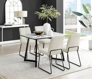 Furniturebox UK Carson White Marble Effect Dining Table & 4 Cream Halle Chairs