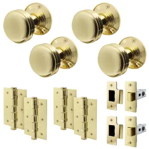 AFIT Lined Door Knob Set Polished Brass - 2 Pairs of Mortice Knobs (55mm), Latch (76mm) & Hinges (76mm) for Internal Doors