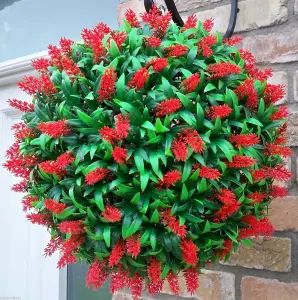 Pair of Best Artificial 38cm Red Lush Lavender Hanging Basket Flower Topiary Ball - Weather & Fade Resistant