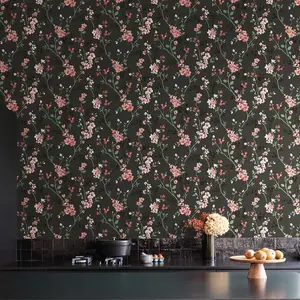 Grandeco Jasmin Floral Cherry Blossom Trail Blown Vinyl Wallpaper, Black