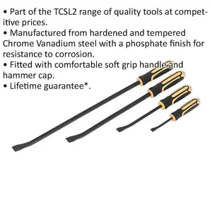 4 Piece Heavy Duty Angled Pry Bar Set - Hammer- Hardened Steel - Soft Grip