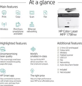 HP Colour Laser 179FNW Wireless All-In-One Printer With Wi-Fi, White