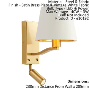 Wall Light Satin Brass Plate & Vintage White Fabric 40W E14 & 3W LED