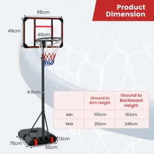 Costway Basketball Backborad Hoop Net Set 193-248cm Adjust Basketball Goal System