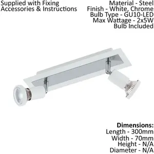 Wall Ceiling 2 Spot Light Colour White Chrome Shade & Back Plate Bulb GU10 2x5W