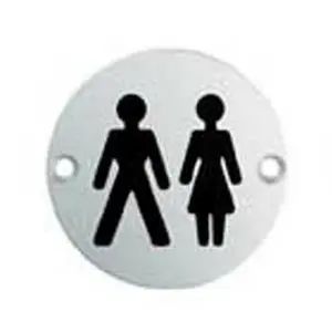 2x Bathroom Door Unisex Symbol Sign 64mm Fixing Centres 76mm Dia Polished Steel