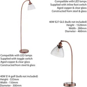 Standing Floor & Table Lamp Set Aged Copper Glass Shade Retro Industrial Light