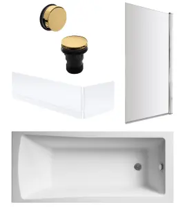 Square Single Ended Bath, Screen, Panels and Brushed Brass Waste - 1700 x 700mm