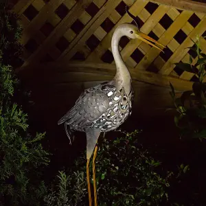 Solar Powered Metal Silhouette Heron - LED Light Up Outdoor Ornament for Garden Pond, Patio, Decking - H78.5 x W32 x D14cm