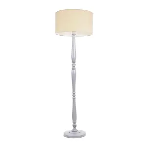 ValueLights Victoria Traditional Grey Wood Candlestick Floor Lamp with Natural Drum Shade