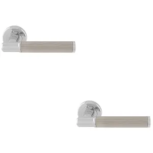 2 PACK - Premium Reeded Lines Door Handle Set - Chrome & Nickel Designer Lever Round Rose