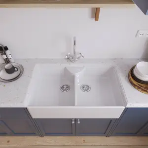 895mm - Double Bowl Fireclay Butler Kitchen Sink -  Stepped Weir, Mixer Tap & Wastes