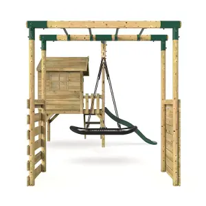 Rebo Orchard 4ft Wooden Children's Playhouse, Swings, Monkey Bars, Deck & 6ft Slide - Double Swing - Sage Green