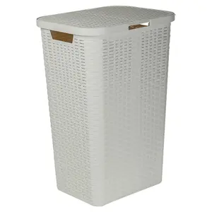 URBNLIVING 60L Large 61cm Height White Plastic Rattan Style Laundry Clothes Storage Washing Bin Basket Hamper