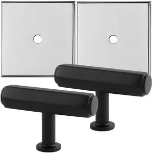 2 PACK - Cabinet Door Knob & Contrasting Backplate Set - Hex T Bar Pull - Matt Black & Chrome