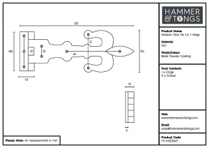 Hammer & Tongs Fleur De Lis T-Hinge - W310mm - Black - Pack of 2