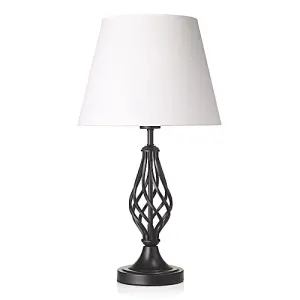 Traditional Matte Black Table Lamp with Barley Twist Base and White Linen Shade