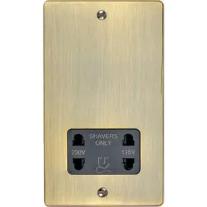 230v & 115v Shaver Twin Socket Wall Plate ANTIQUE BRASS & Black Trim 86 x 146mm