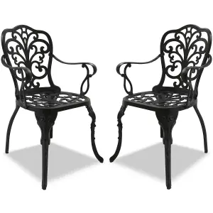 Homeology Bangui Black 2-Large Garden and Patio Chairs with Armrests in Cast Aluminium