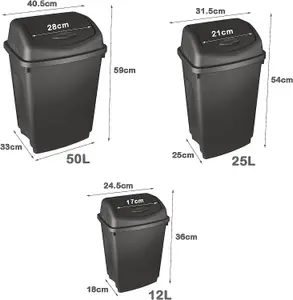 simpa 50L Black Plastic Swing Lid Bin - Set of 2 Bins