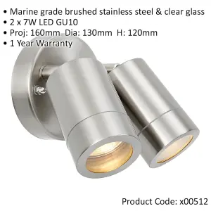 Twin Light Adjustable Spotlight - 2 x 7W LED GU10 - Marine Grade Stainless Steel