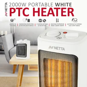 NETTA 2000W Ceramic Fan Heater 3 Heat Settings Overheat Protection - White