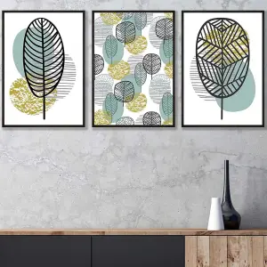 Set of 3 Mid Century Floral Pattern in Yellow and Blue Wall Art Prints / 42x59cm (A2) / Black Frame