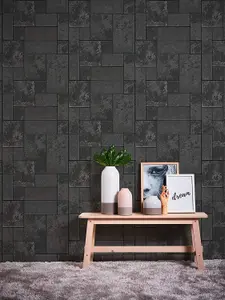 AS Creation Black Granite Glitter Tiles Slate Stone Kitchen Bathroom Wallpaper